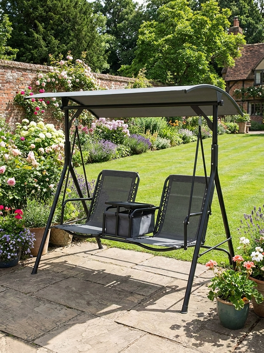 Grey 2-Seat Swing Chair with Adjustable Canopy and Middle Table
