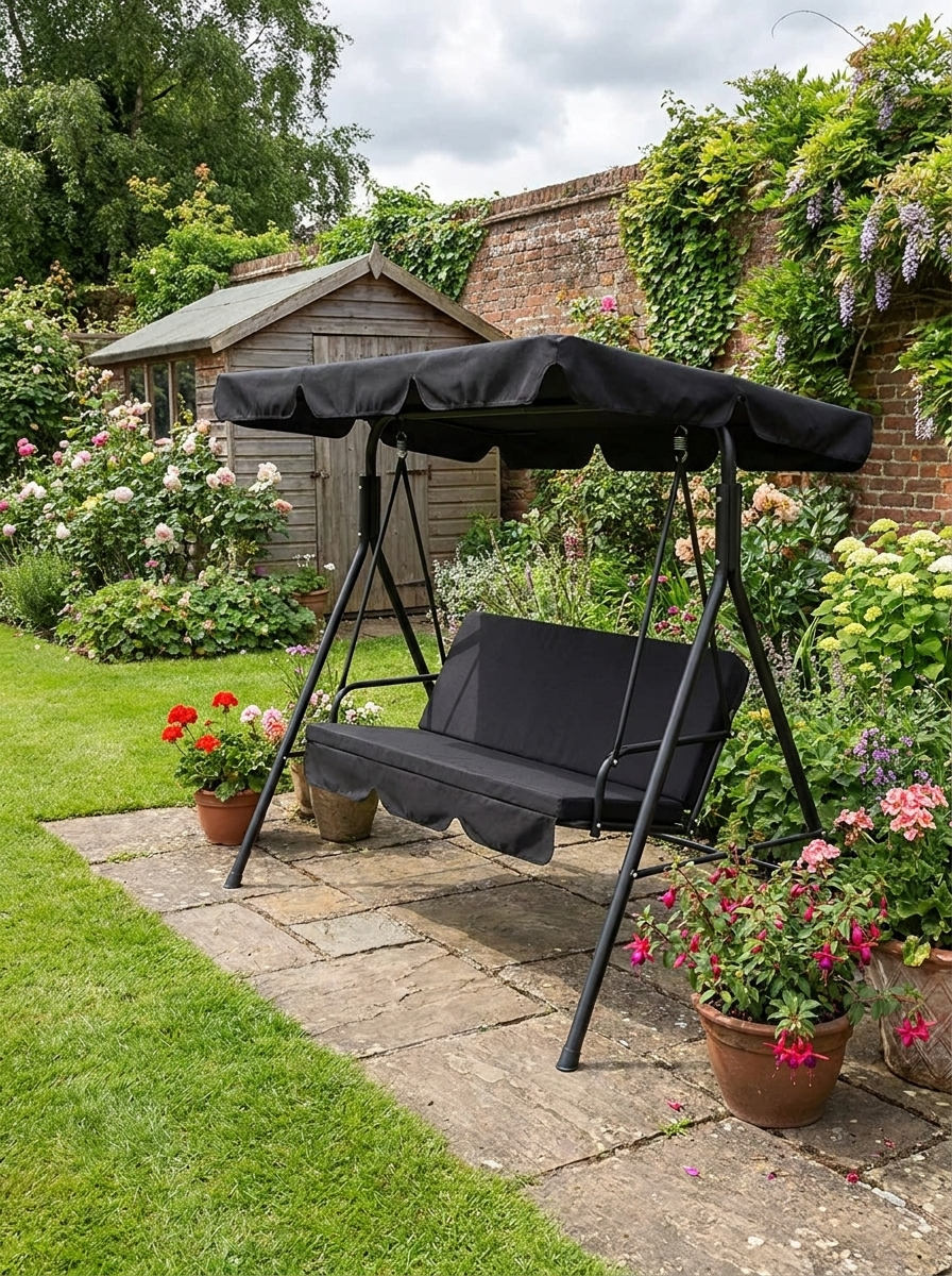 Black 3-Seater Canopy Swing Chair Rocking Bench for Garden Patio