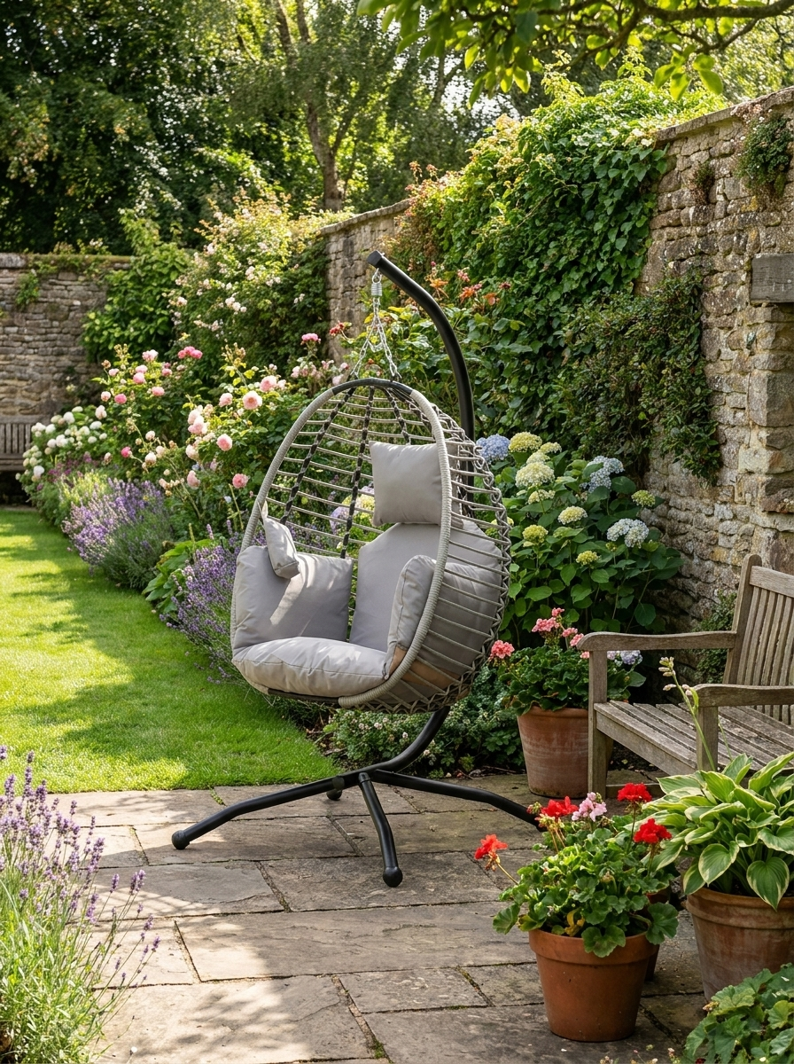 Grey Rattan Hanging Egg Chair with Seat Cushion