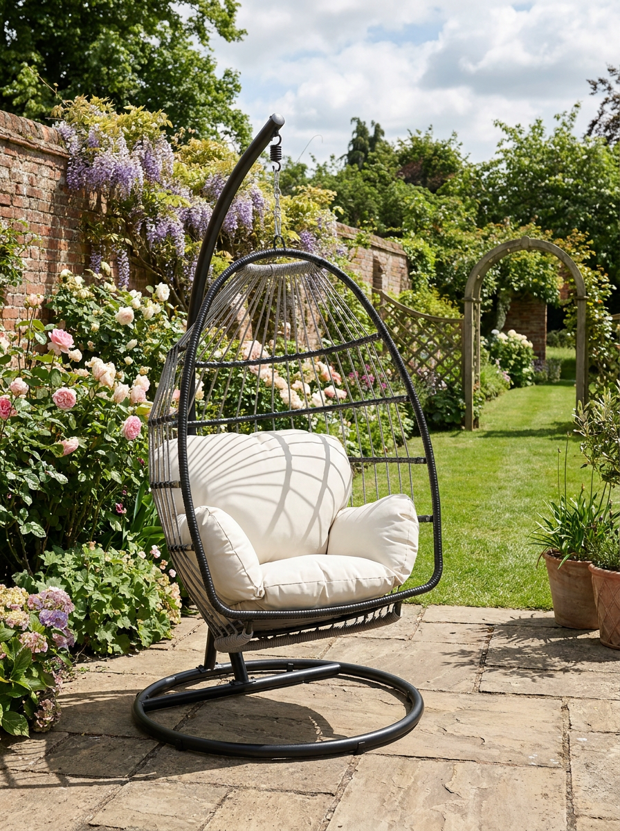 Black Rattan Hanging Egg Chair with Cushion and Stand