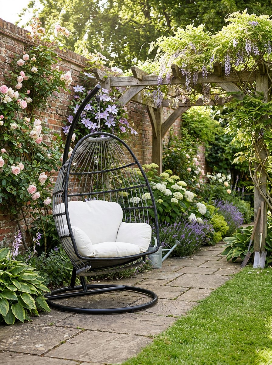 Black Rattan Hanging Egg Chair with Cushion and Stand