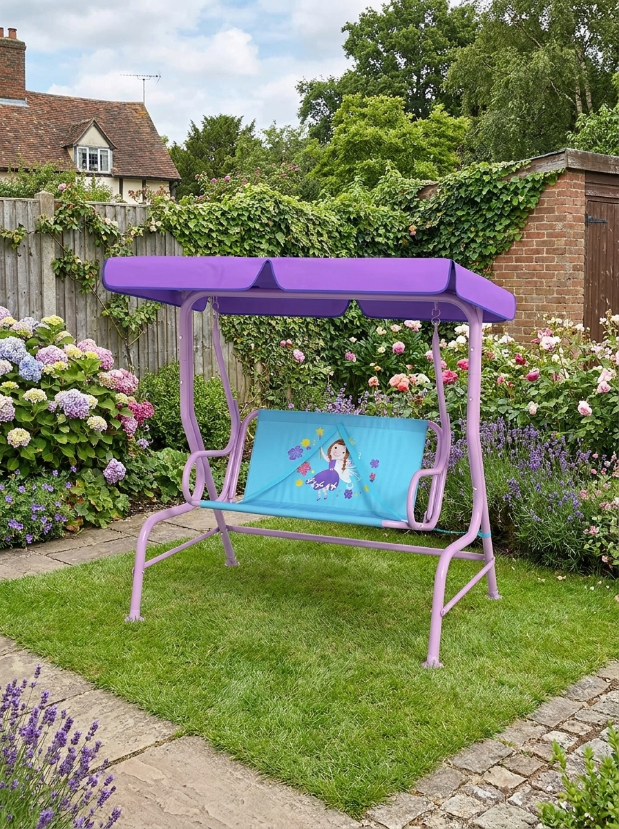 Fairy Themed Kids Garden Swing Chair - Pink, 2-Seater with Canopy & Safety Belts