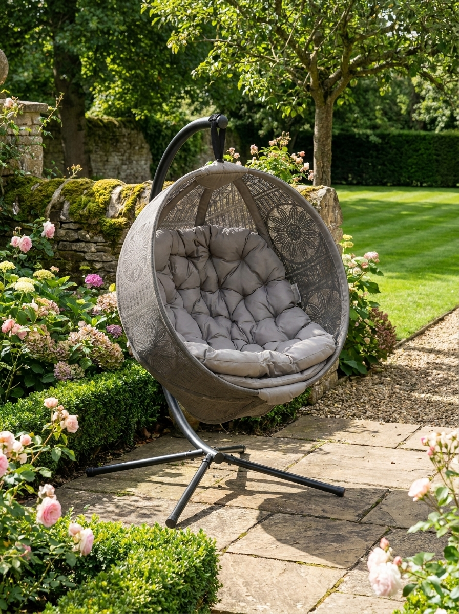 Steel Stand Round Egg Basket Chair - Black
