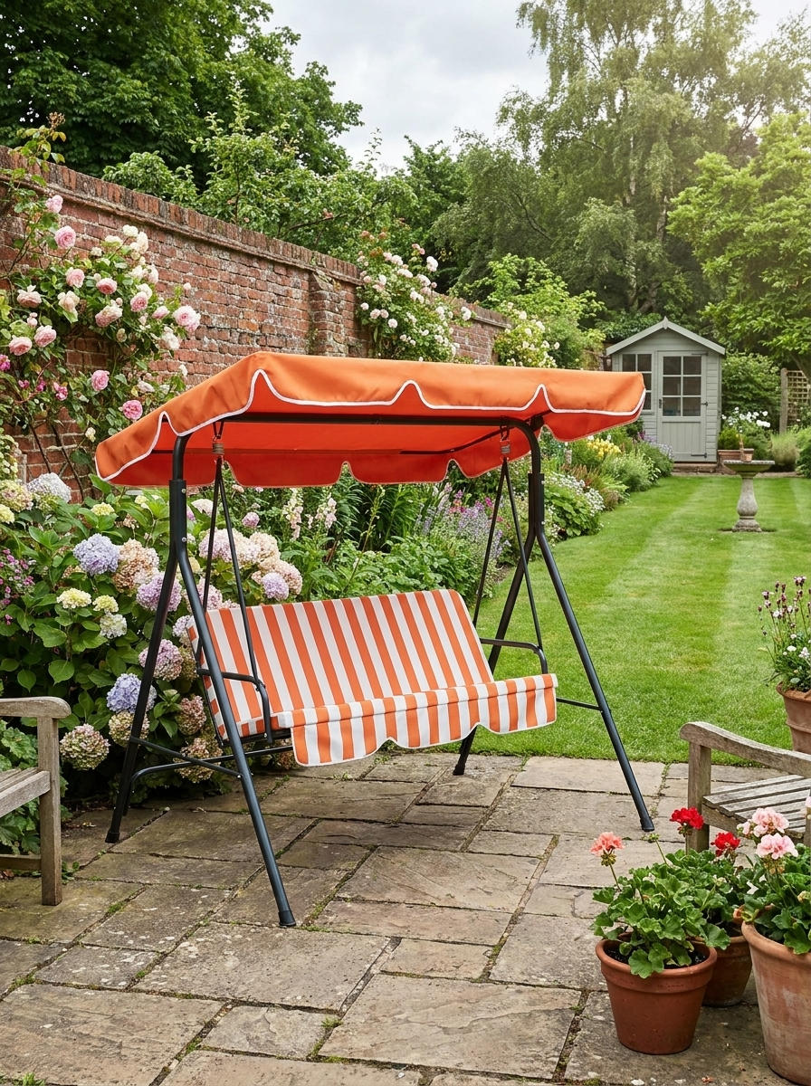 Orange 3-Seater Canopy Swing Chair with Top Roof - Heavy Duty Metal Garden Rocking Bench