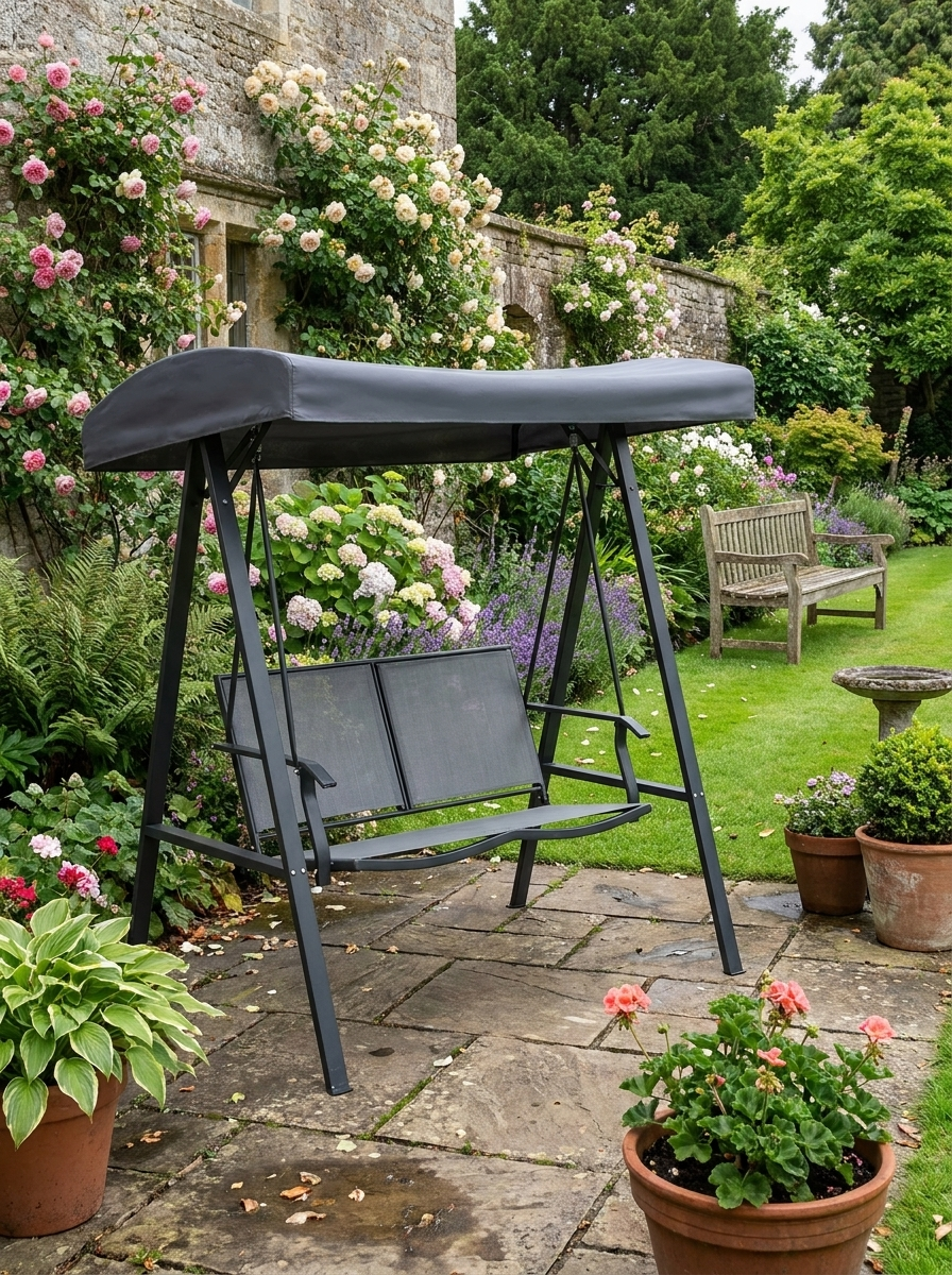 Dark Grey 2-Seater Outdoor Swing Chair with Adjustable Canopy