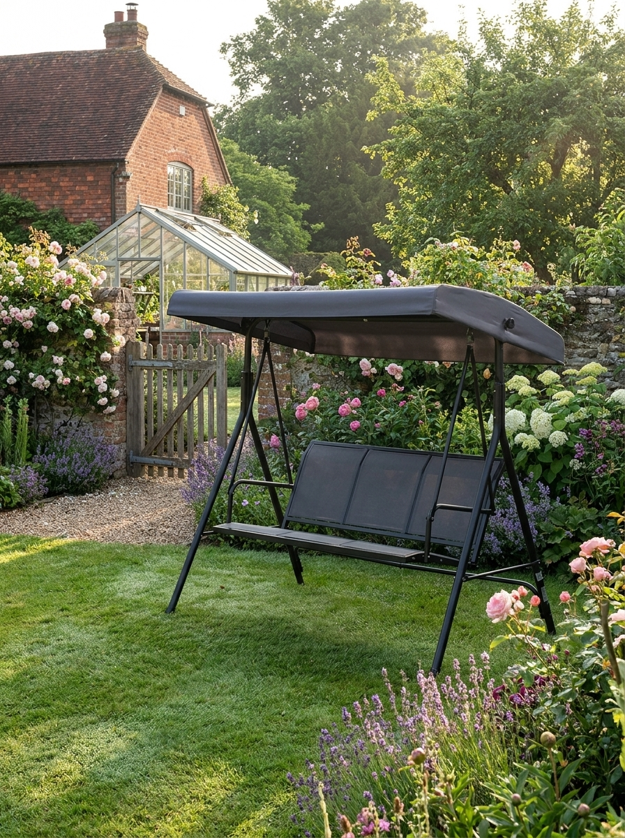Black 3-Seater Garden Swing Chair with Canopy