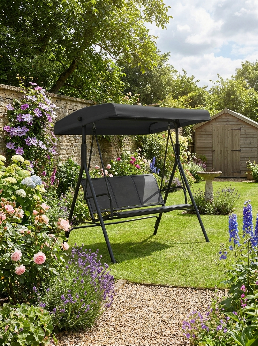 Black 3-Seater Garden Swing Chair with Canopy