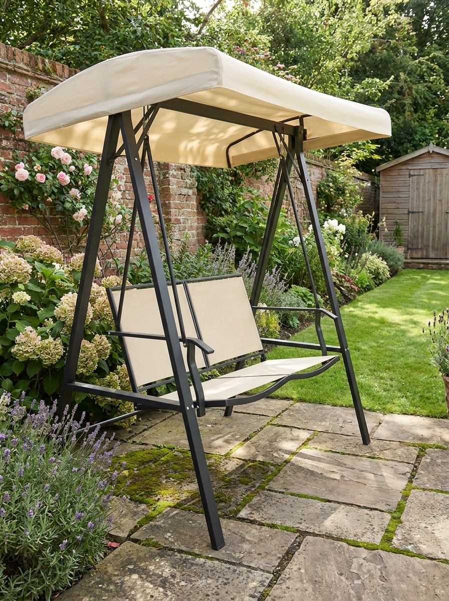 Beige 2 Seater Outdoor Swing Chair with Adjustable Canopy