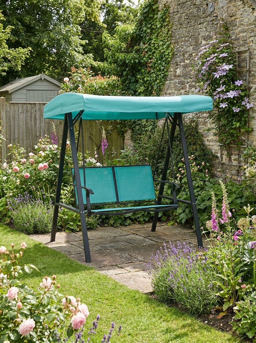 Blue 2-Seater Outdoor Swing Chair with Adjustable Canopy