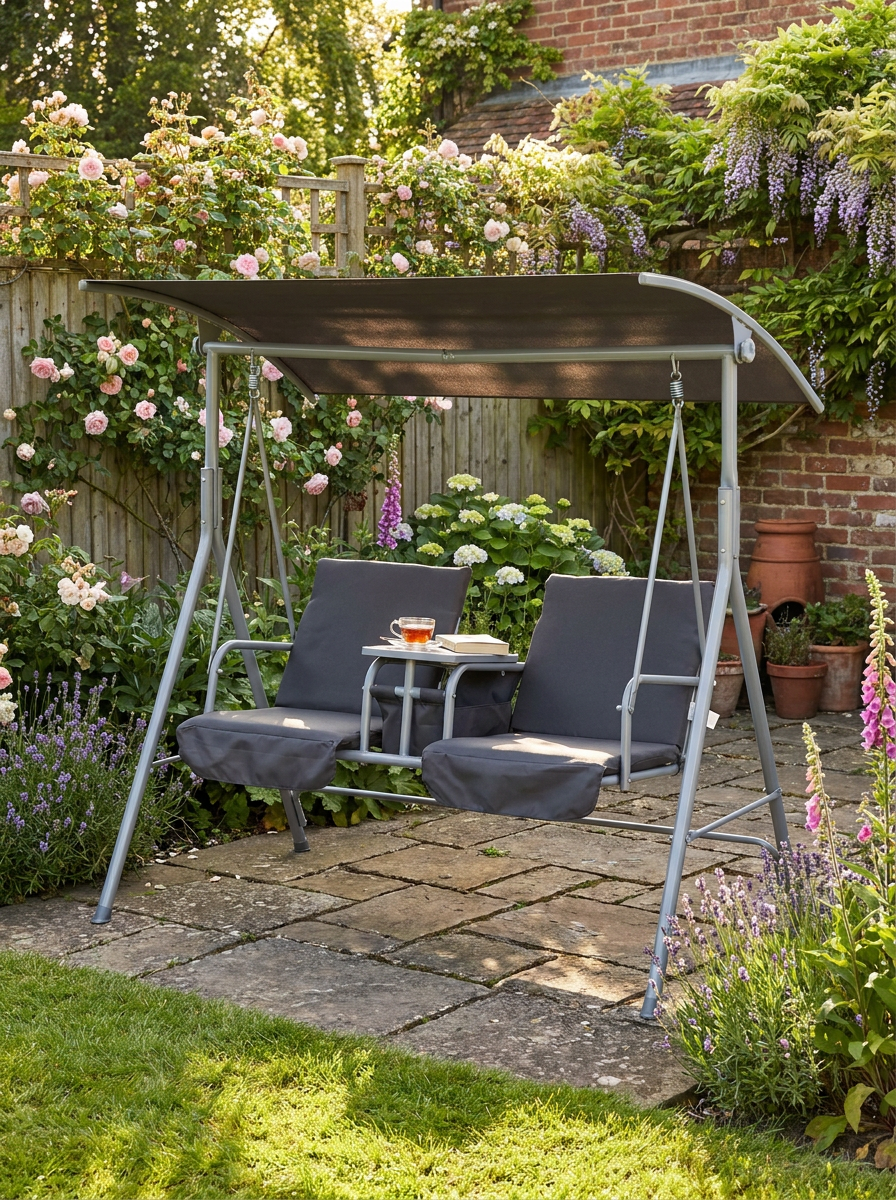 Grey Steel Frame 2-Seater Swing Chair with Table