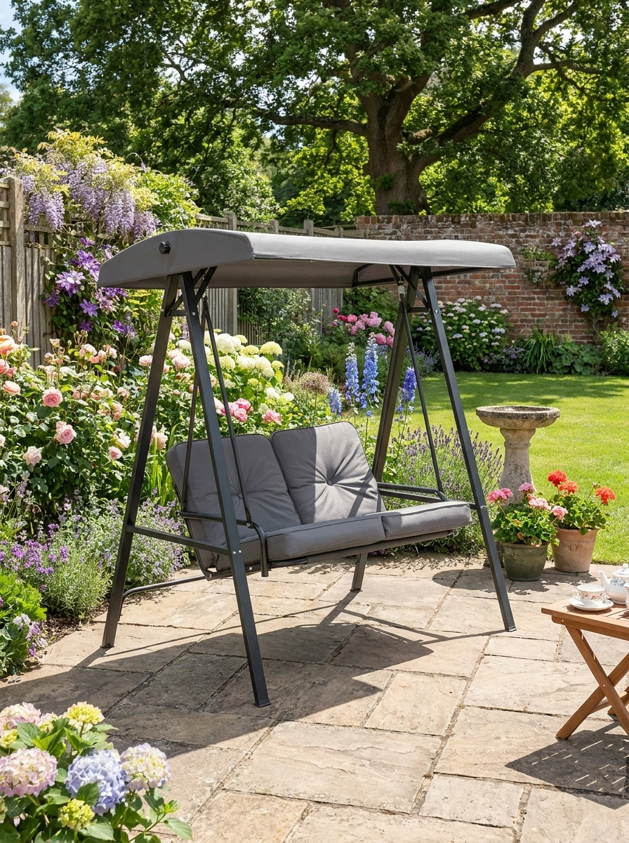 Grey 2-Seater Outdoor Swing Chair with Adjustable Canopy
