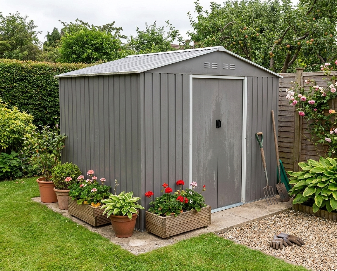 8 x 6ft Galvanised Steel Garden Shed with Lockable Double Sliding Doors – Large Outdoor Metal Storage, Ventilated, Weather & Rust Resistant, Light Grey