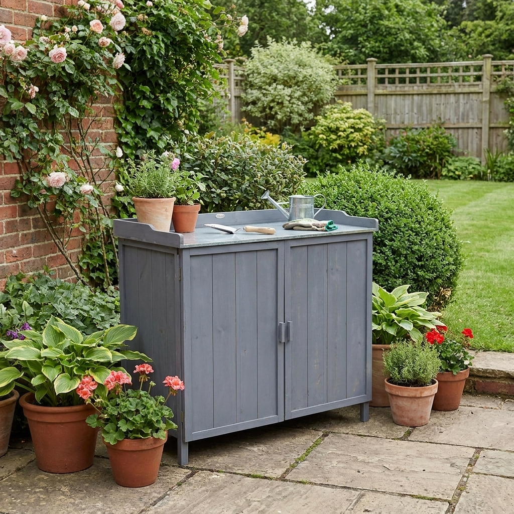Grey Outdoor Garden Storage Cabinet with Galvanized Top and Shelves