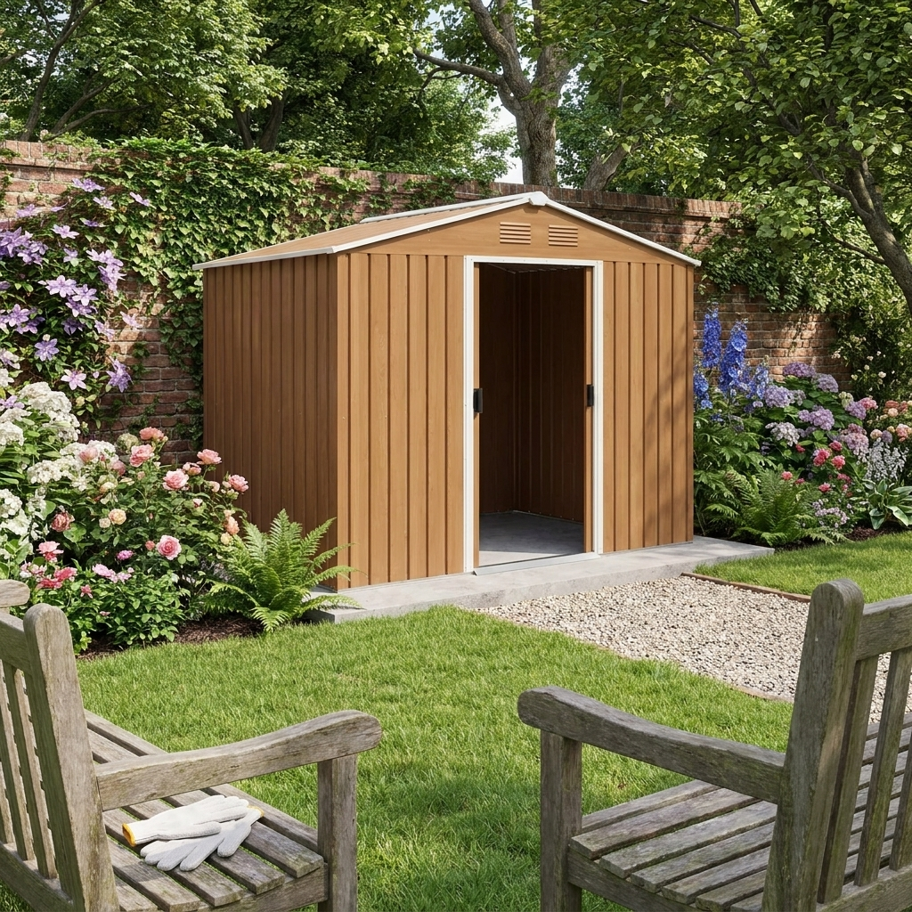 8ft x 6ft Golden Shed With Sliding Doors (Wood Effect)