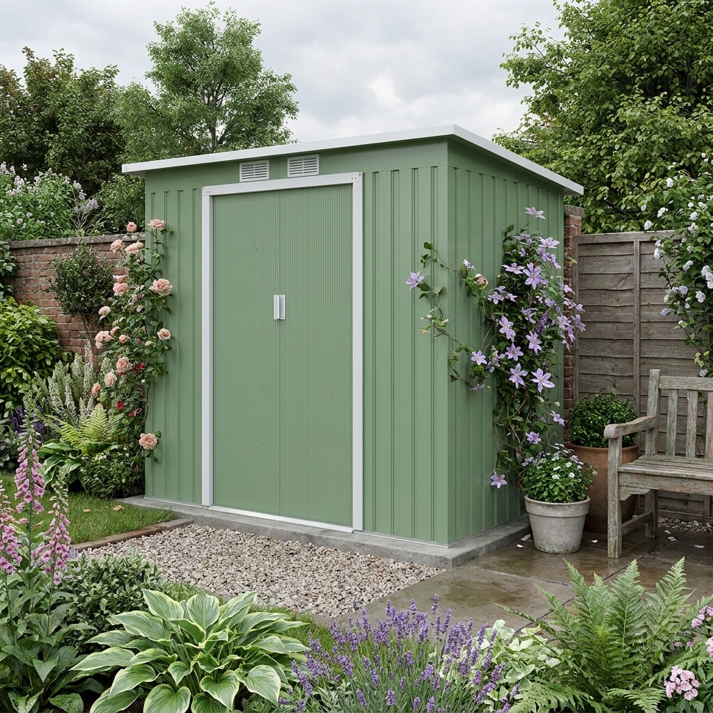 Green 7ft x 4ft Galvanised Steel Garden Shed with Foundation Kit