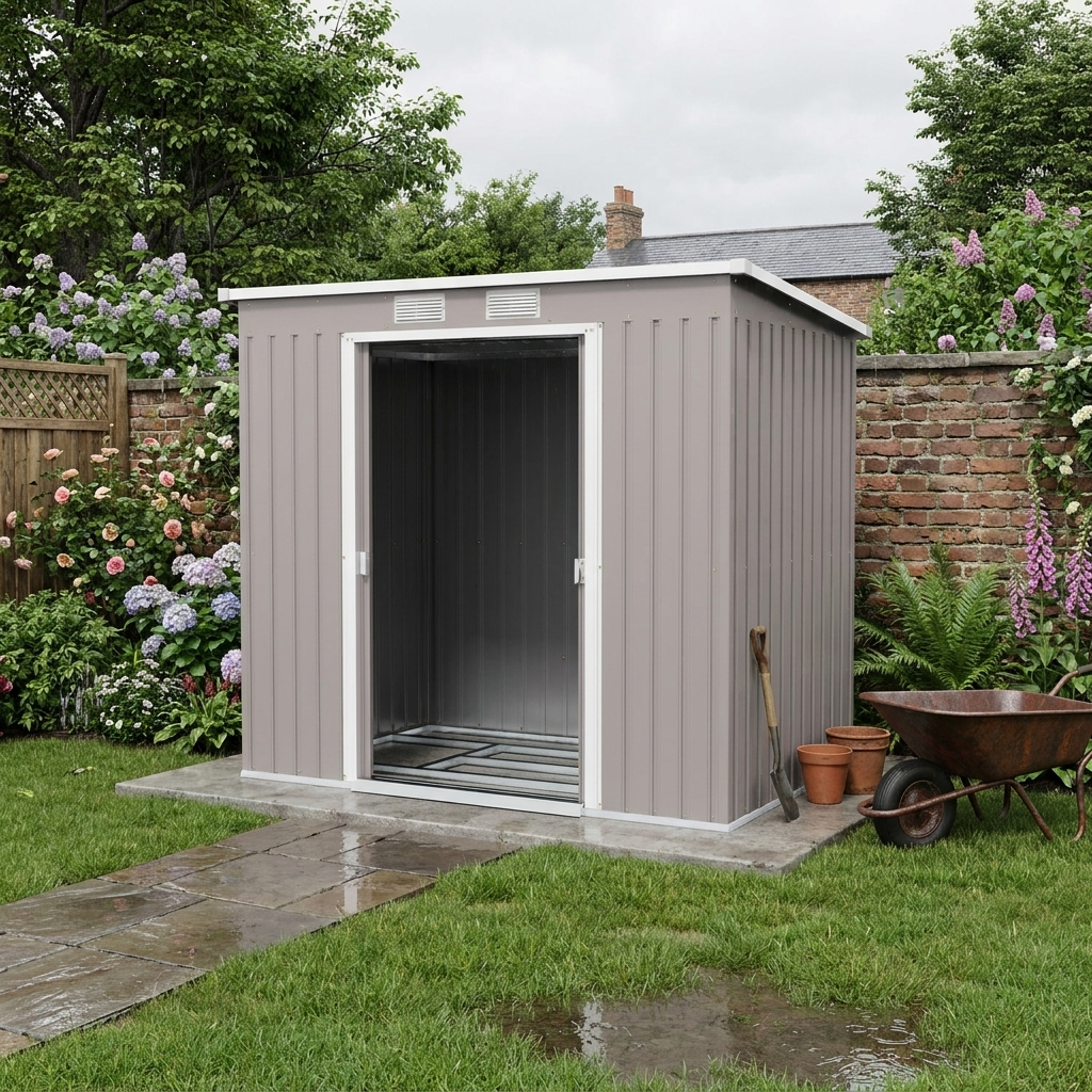 7ft x 4ft Grey Lean to Metal Garden Shed With Foundation Kit, Double Doors & Air Vents