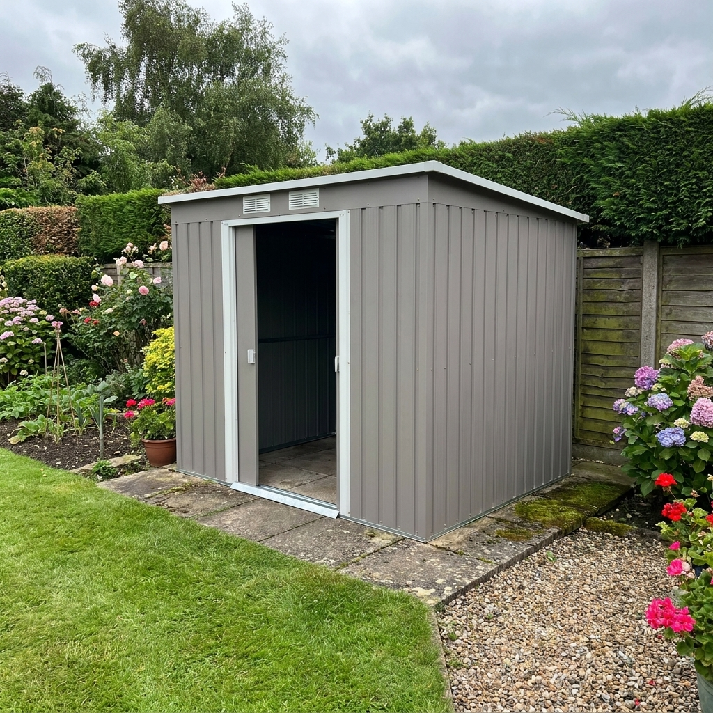7ft x 4ft Grey Lean to Metal Garden Shed With Foundation Kit, Double Doors & Air Vents