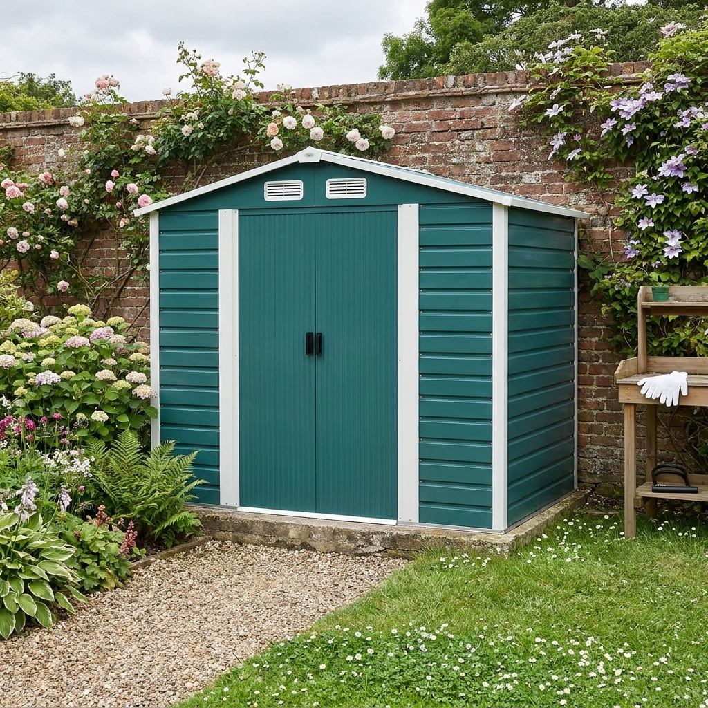 7ft x 4ft Green Metal Garden Shed - Easy Assembly, Galvanised Steel, Double Doors, Vents