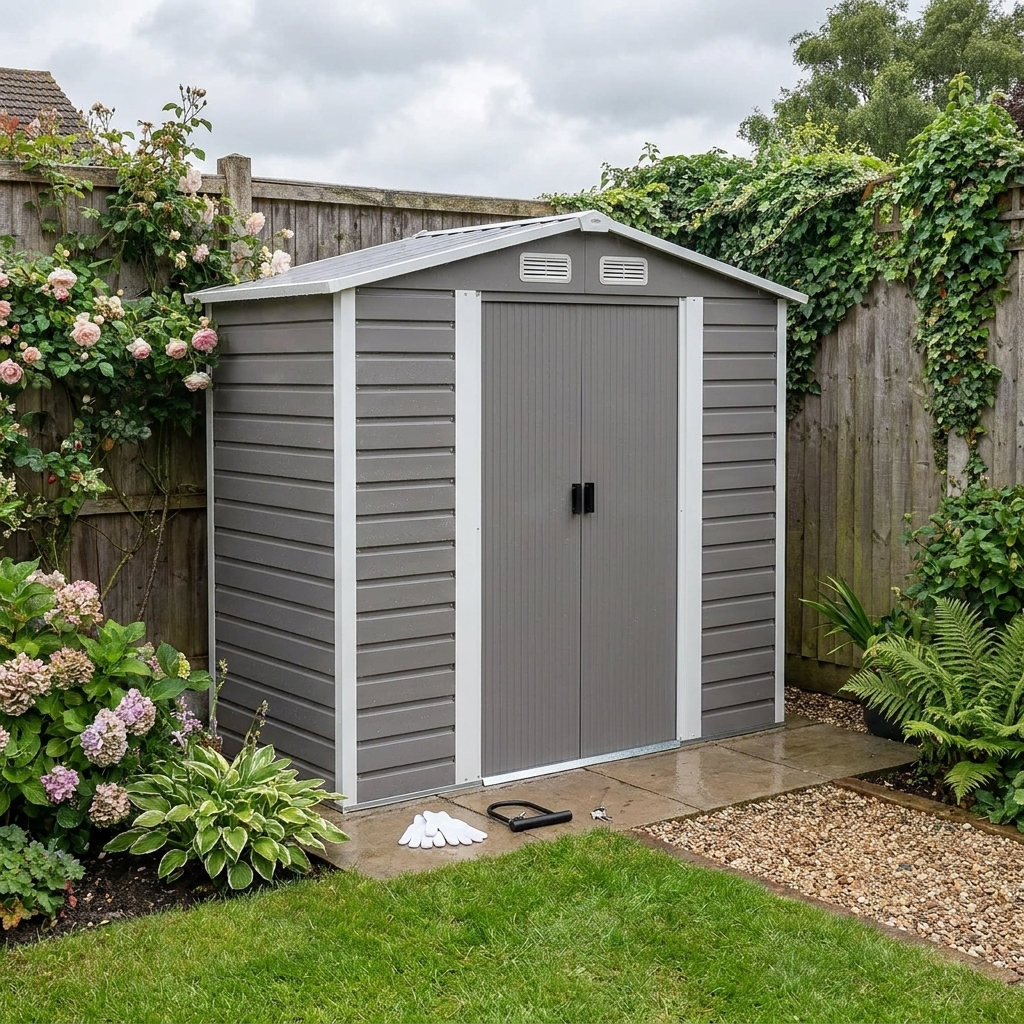 7x4ft Metal Garden Shed - Easy Assembly, Galvanised Steel, Double Doors, Vents, Light Grey