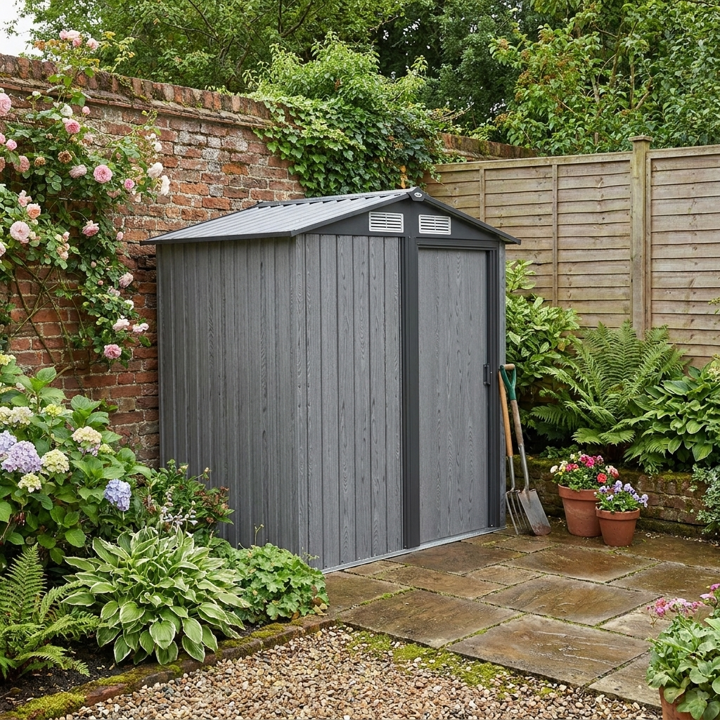 5ft x 4.3ft Outdoor Garden Storage Shed - Grey Wooden Effect, Durable & Weatherproof