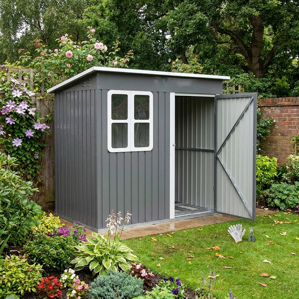 7ft x 4ft Grey Galvanised Steel Garden Shed with Lock and Gloves
