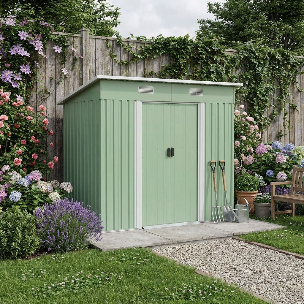 7ft x 4ft Light Green Metal Garden Shed