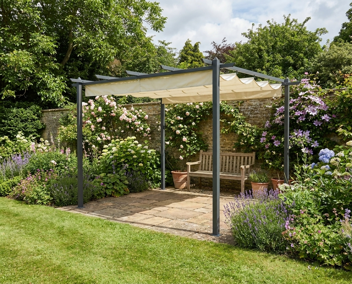 4m x 3m Metal Pergola - Dark Grey Frame With Beige Cloth