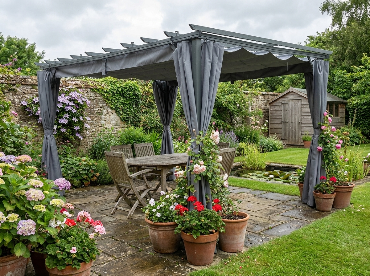 3.6m x 3m Aluminium Pergola with Retractable Roof and Curtains