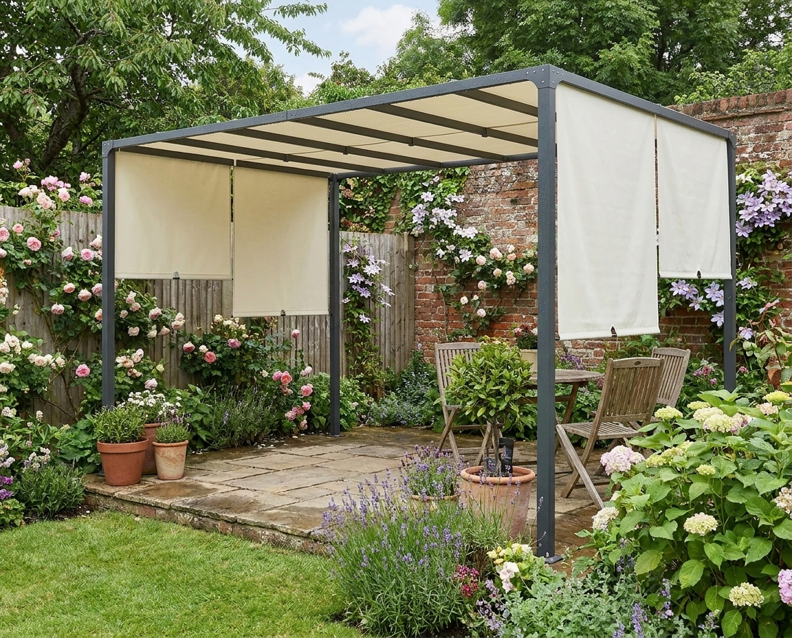3m x 4m Fully Retractable Metal Garden Pergola - Cream White - Built-In LED Light Strip