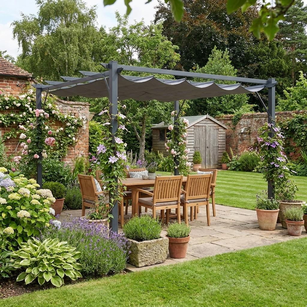 Grey 3m x 3m Retractable Garden Pergola with Magnetic Fixture