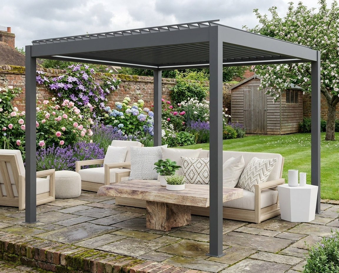 3m x 3m Electric Louvered Pergola with LED Lights - Solid Aluminium Hardtop Gazebo with Remote, Adjustable Roof and Drainage System, Water and UV Resistant