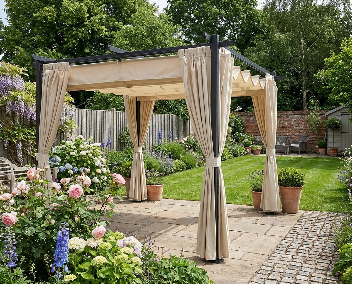 3 x 3 m Beige Retractable Roof Pergola with Curtains