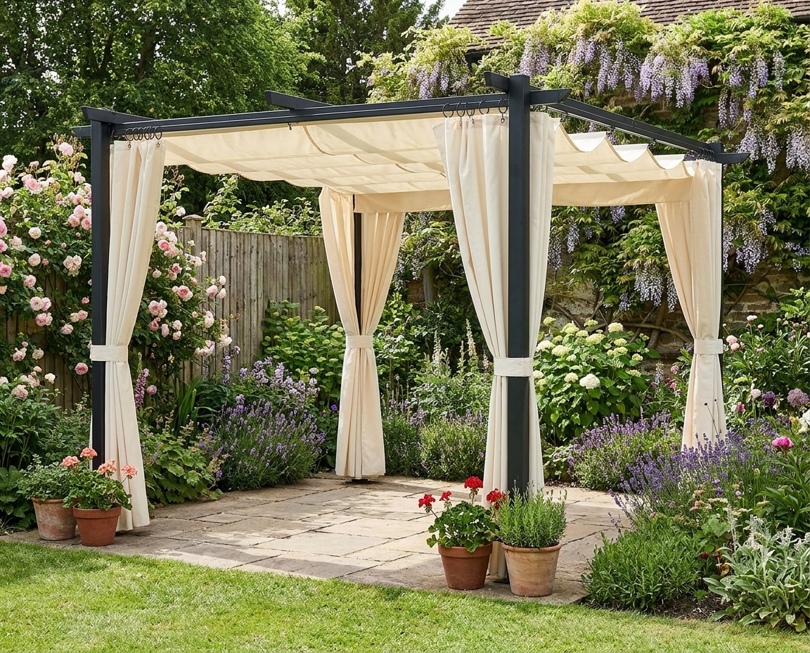 3 x 3 m Beige Retractable Roof Pergola with Curtains