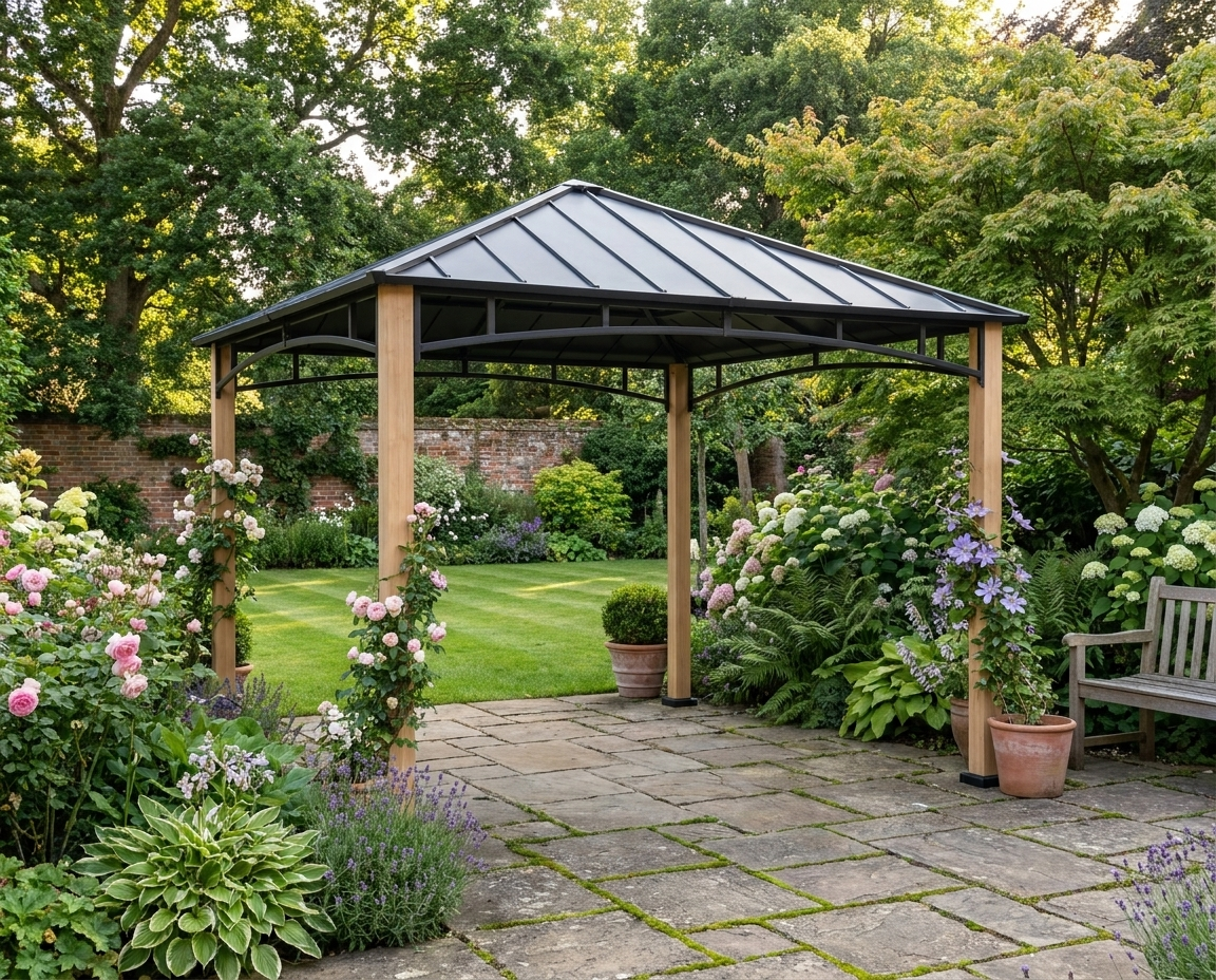 3m x 3m Black and Wood-Effect Metal Gazebo