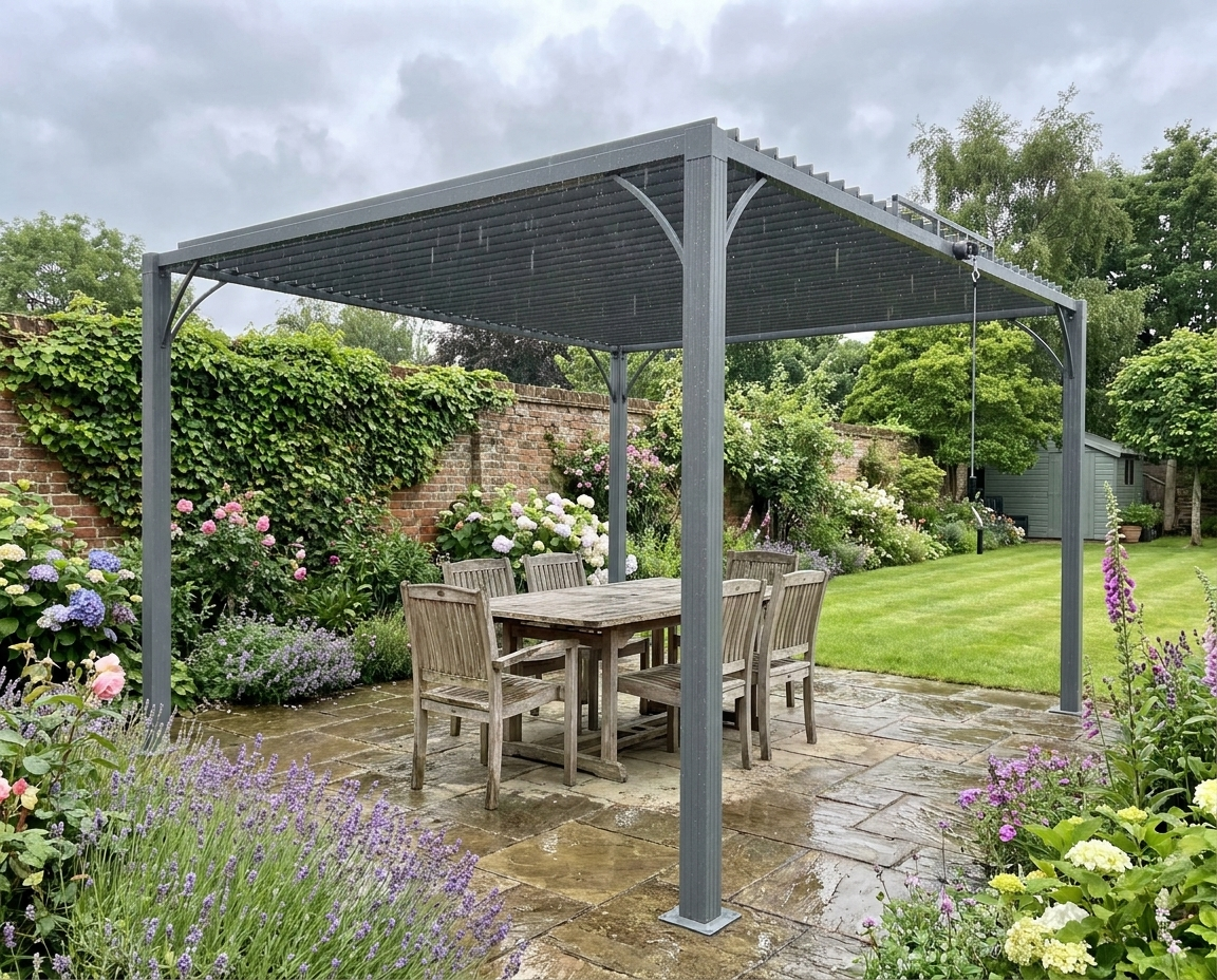 4m x 3m Grey Outdoor Pergola with Retractable Roof - Aluminium Louvered Patio Gazebo Canopy for Lawn and Garden