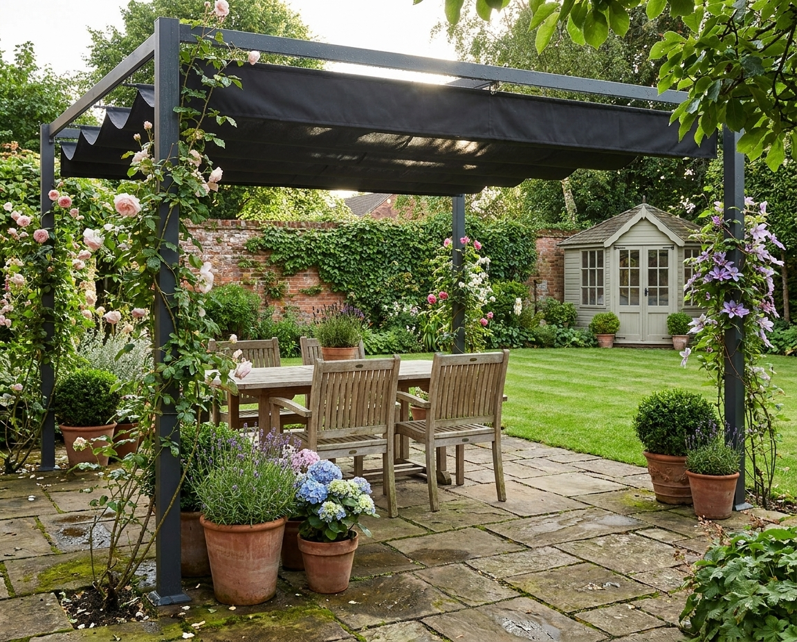 4m x 3m Black Metal Pergola with Retractable Canopy Roof