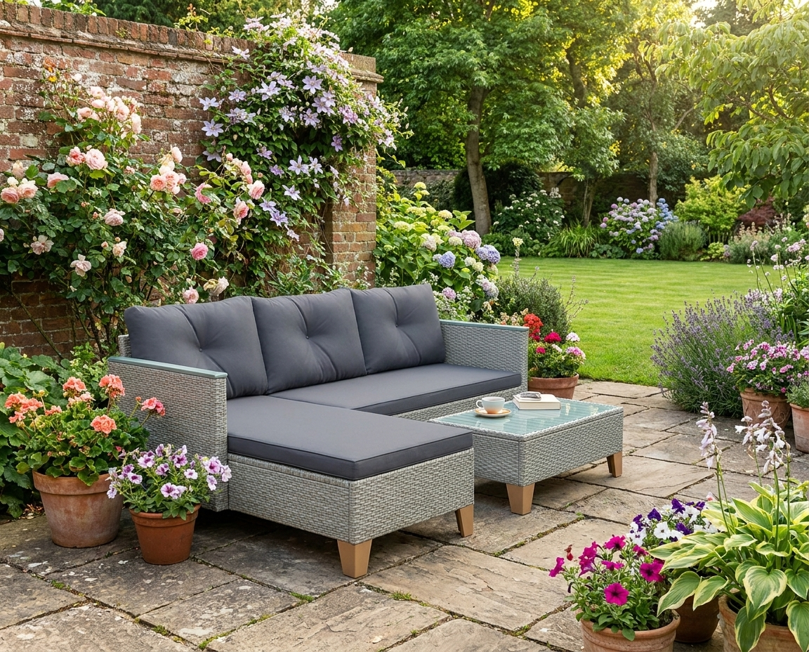 3-Piece Rattan Garden Furniture Set - L-Shaped Chaise Lounge & Coffee Table with Cushions