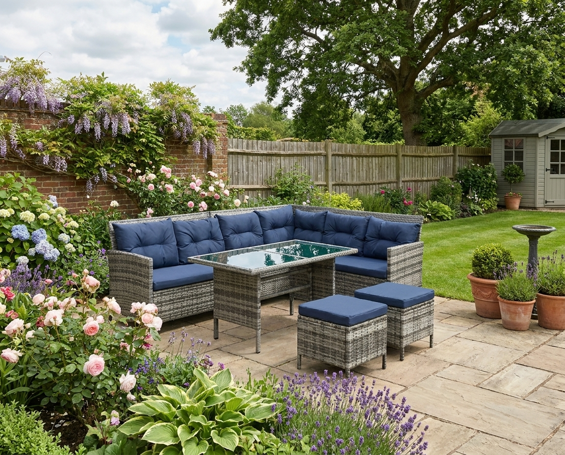 8-Seater Rattan Corner Sofa With Glass Table & Blue Cushions