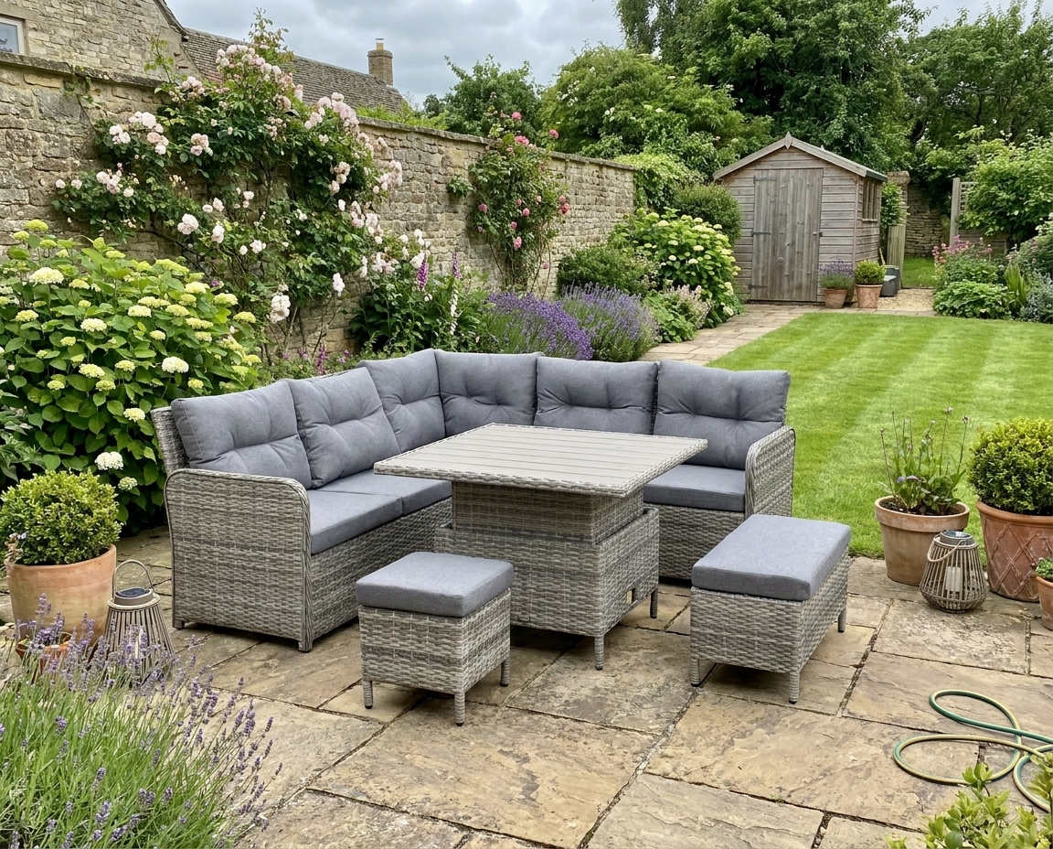 Grey 6 Piece Rattan Corner Sofa With Soft Padded Cushions & Liftable Coffee Table