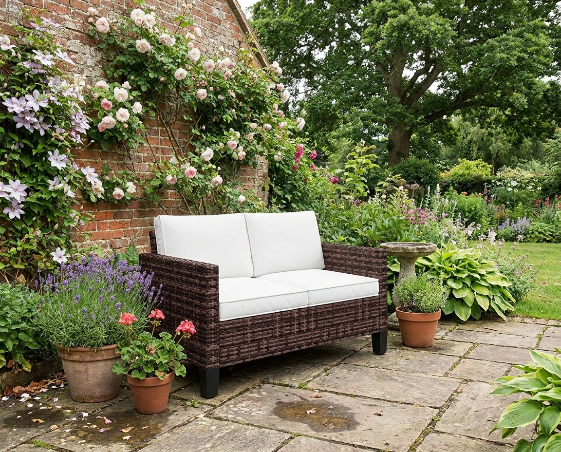 Brown Two-Seater Rattan Outdoor Sofa - Stylish and Comfortable Garden Furniture