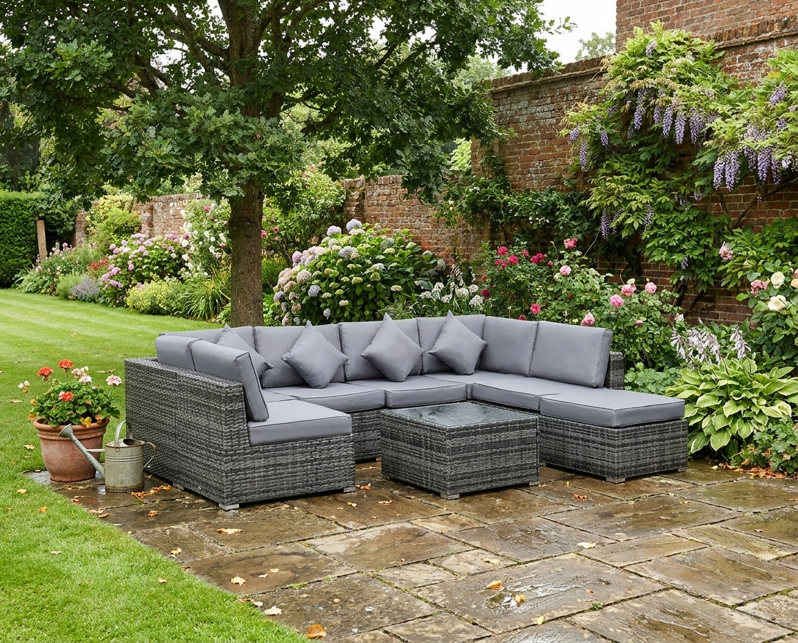 Grey 8 Piece Rattan Corner Sofa Set With Washable Cushion Covers & Tempered Glass Table