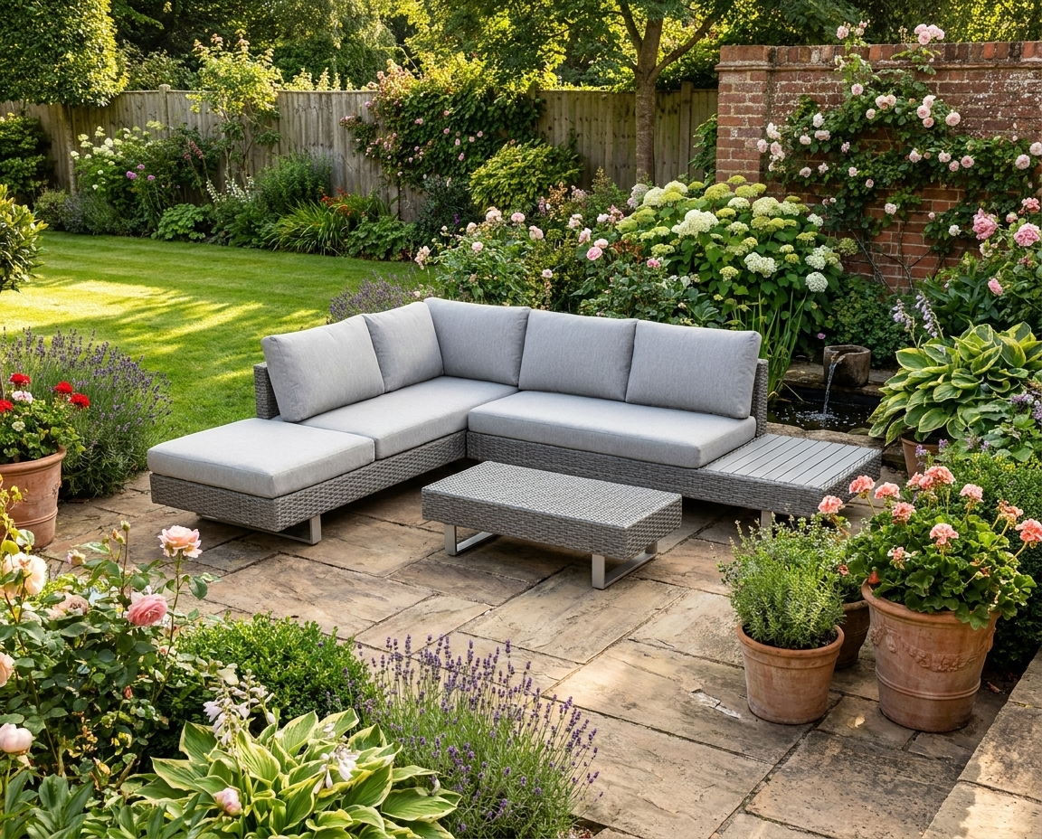 5-Seater Light Grey Rattan Wicker Sofa Set with Cushions and Patio Tea Table