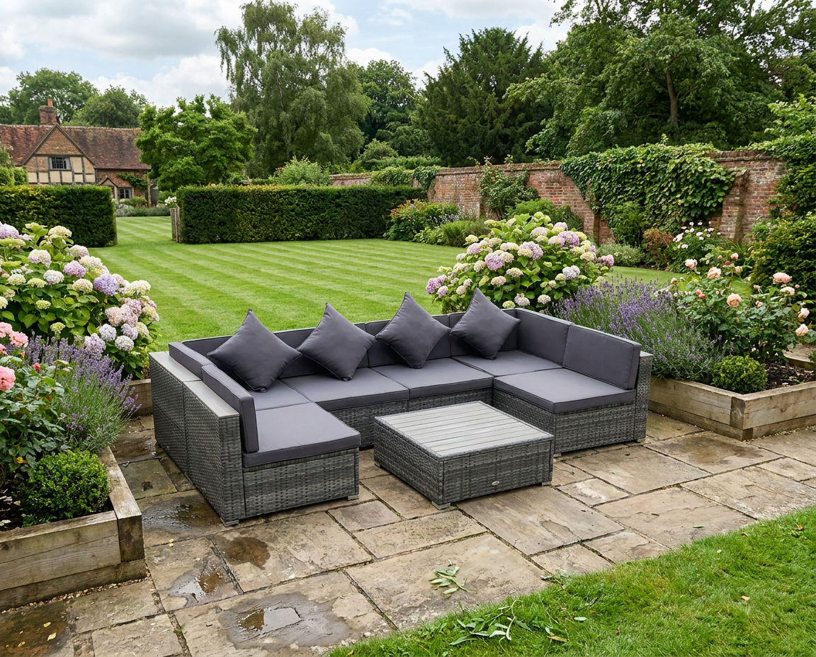 7-Piece Acacia Topped Patio Wicker Sofa Set: Stylish Outdoor Rattan Sectional with Cushions