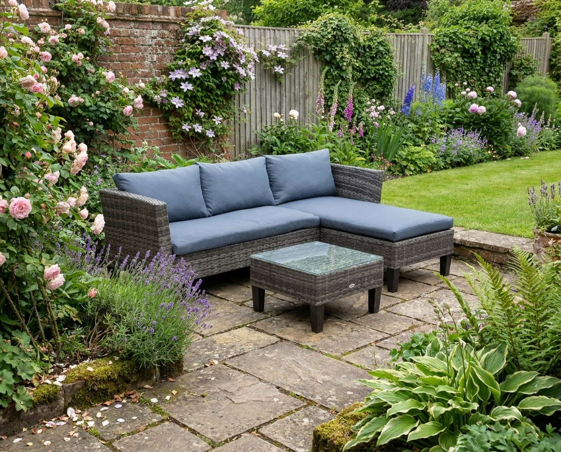 3 Piece Rattan Sofa With Blue Cushions