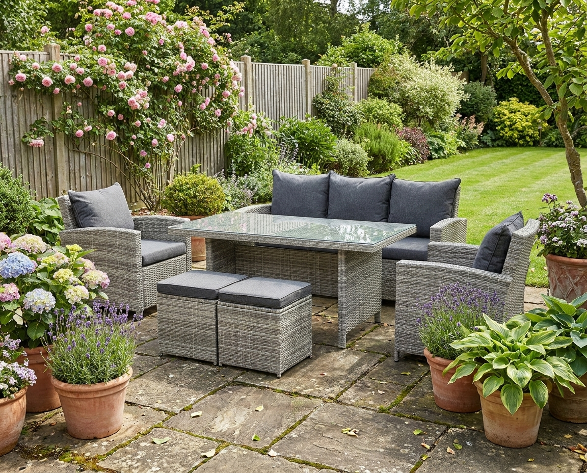 Rattan Garden Furniture Set with Three-seats, Armchairs, Footstools and Glass Top Dining Table