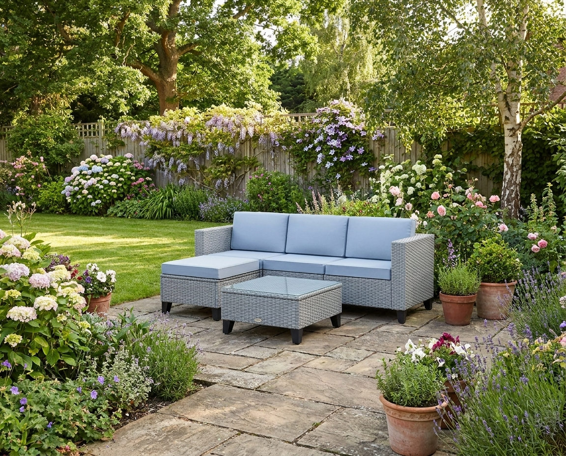 Grey 5-Piece Rattan Set with Corner Sofa, Footstools & Coffee Table