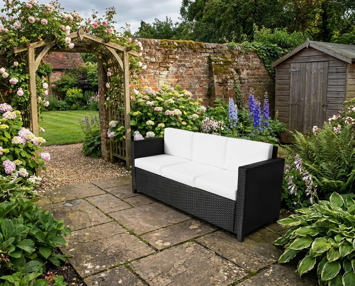 Black 3 Seater Rattan Sofa with Fire Resistant Cushion