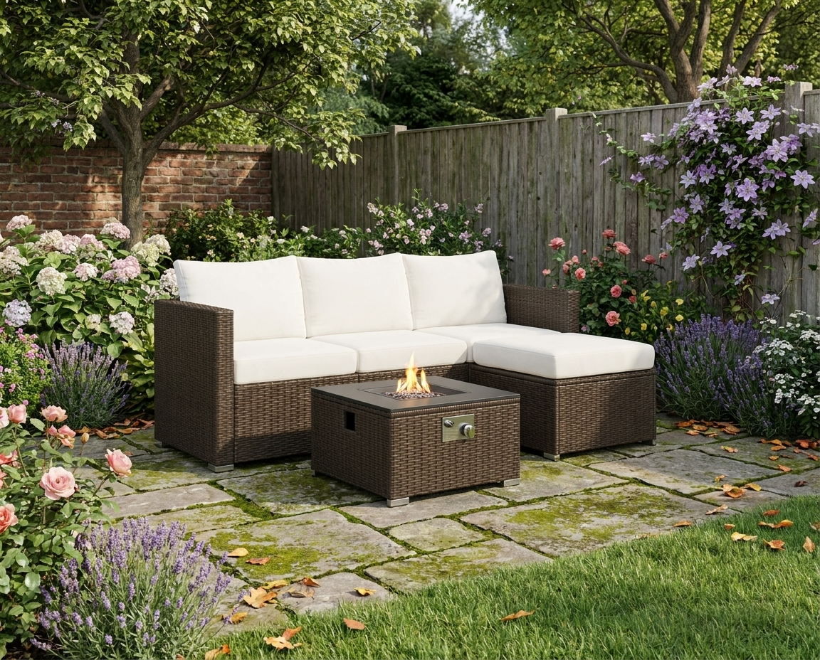 5-Piece Rattan Garden Furniture Set with Gas Fire Pit & Footstools - Brown & Cream