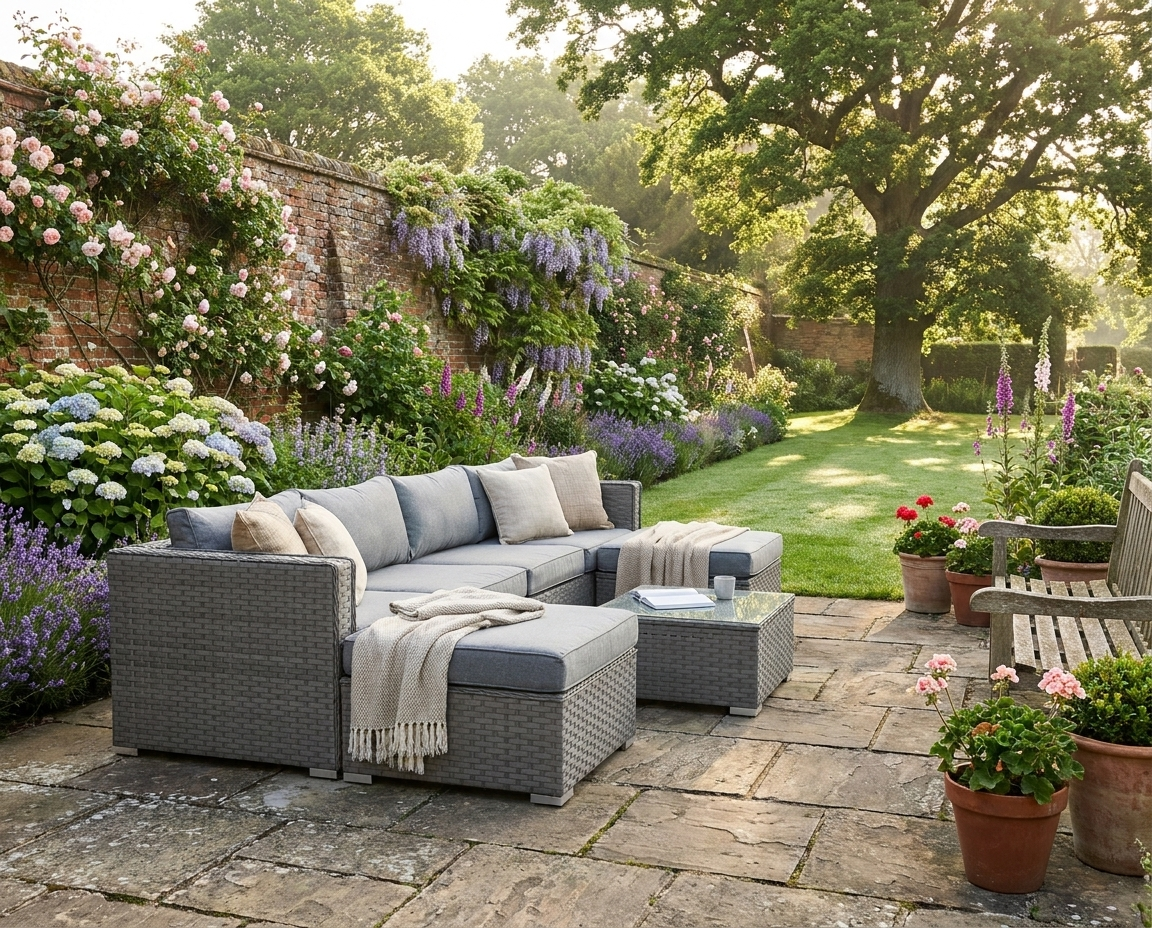 Grey 4 Seater Rattan Corner Sofa Set With Coffee Table and Footstools