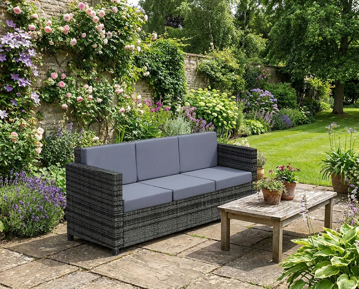 Grey 3-Seater Weather Resistant Rattan Sofa